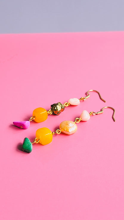 Gemstone, Lava Rock, Seashell Dangle Earrings