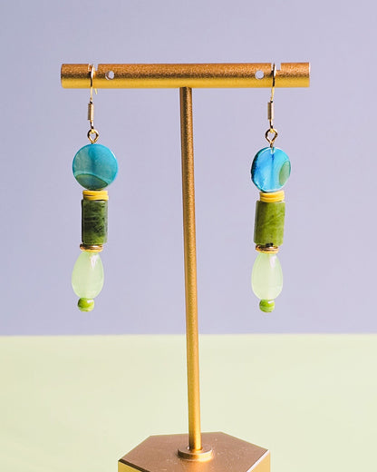 Blue Seashell, Green Semi Precious Gemstone and Glass Dangle Earrings