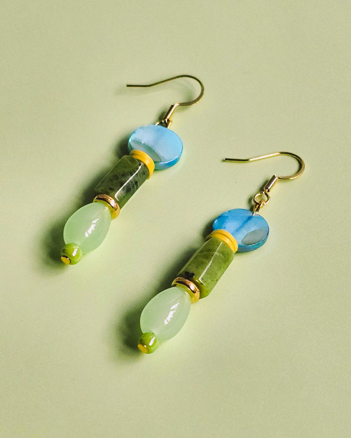 Blue Seashell, Green Semi Precious Gemstone and Glass Dangle Earrings