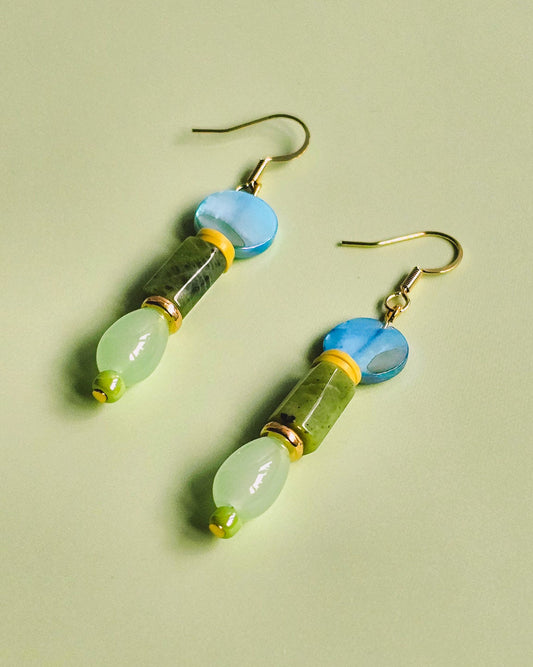 Blue Seashell, Green Semi Precious Gemstone and Glass Dangle Earrings