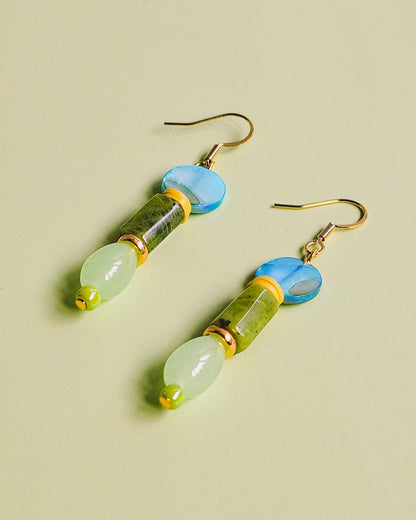 Blue Seashell, Green Semi Precious Gemstone and Glass Dangle Earrings