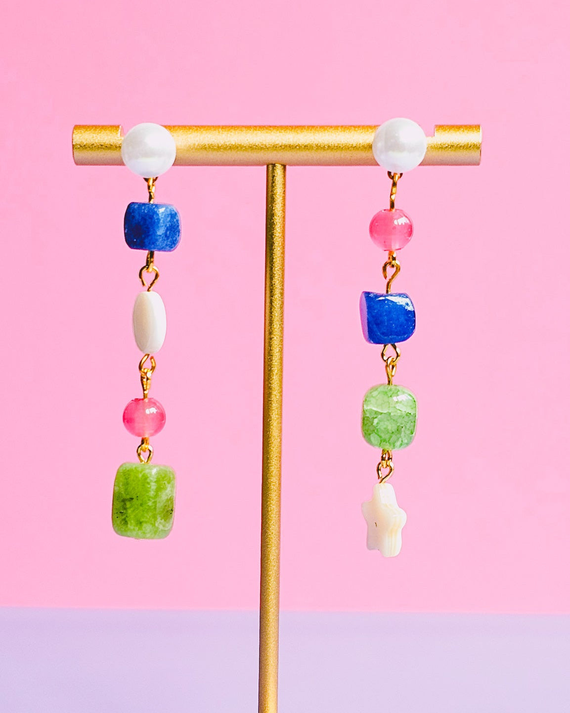 Barbie Girl Dangle Semi Precious Gemstone, Freshwater Pearl, Seashell Earrings