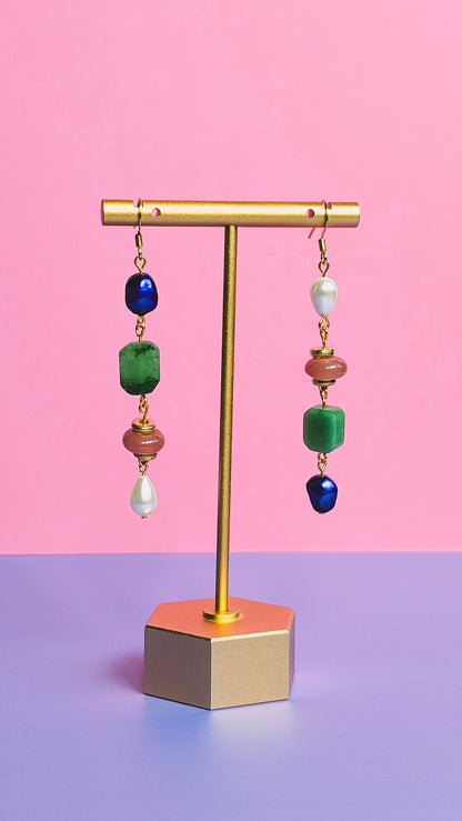 Sunstone, Agate Gemstone, Freshwater Pearl Dangle Long Earring