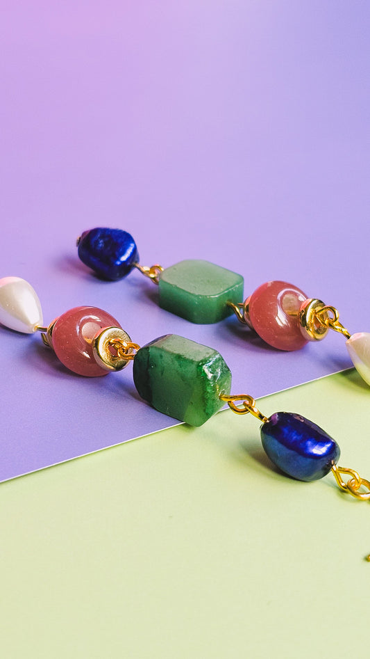 Sunstone, Agate Gemstone, Freshwater Pearl Dangle Long Earring