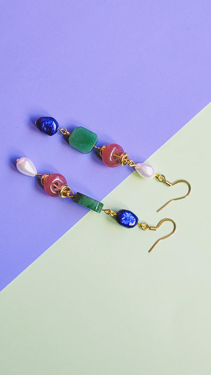 Sunstone, Agate Gemstone, Freshwater Pearl Dangle Long Earring