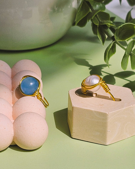 Bring Me to the Beach Wire Wrapped Rings, Semi Precious Gemstone, Freshwater Pearl, Sized to Fit