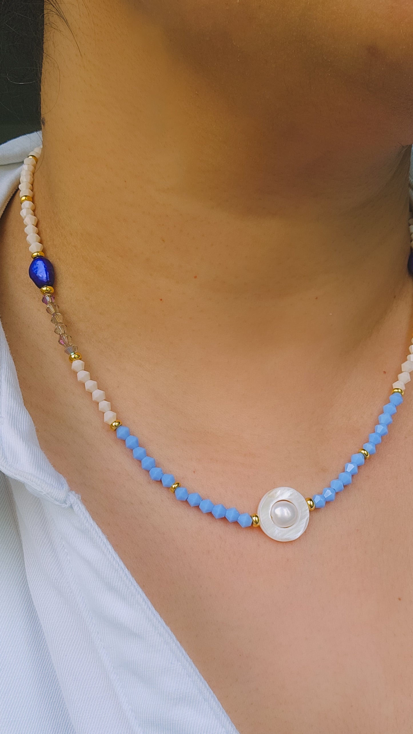 Fidget Freshwater Pearl Coastal Hues Necklace, Bring Me to the Beach, Glass, Freshwater Pearl, Seashell