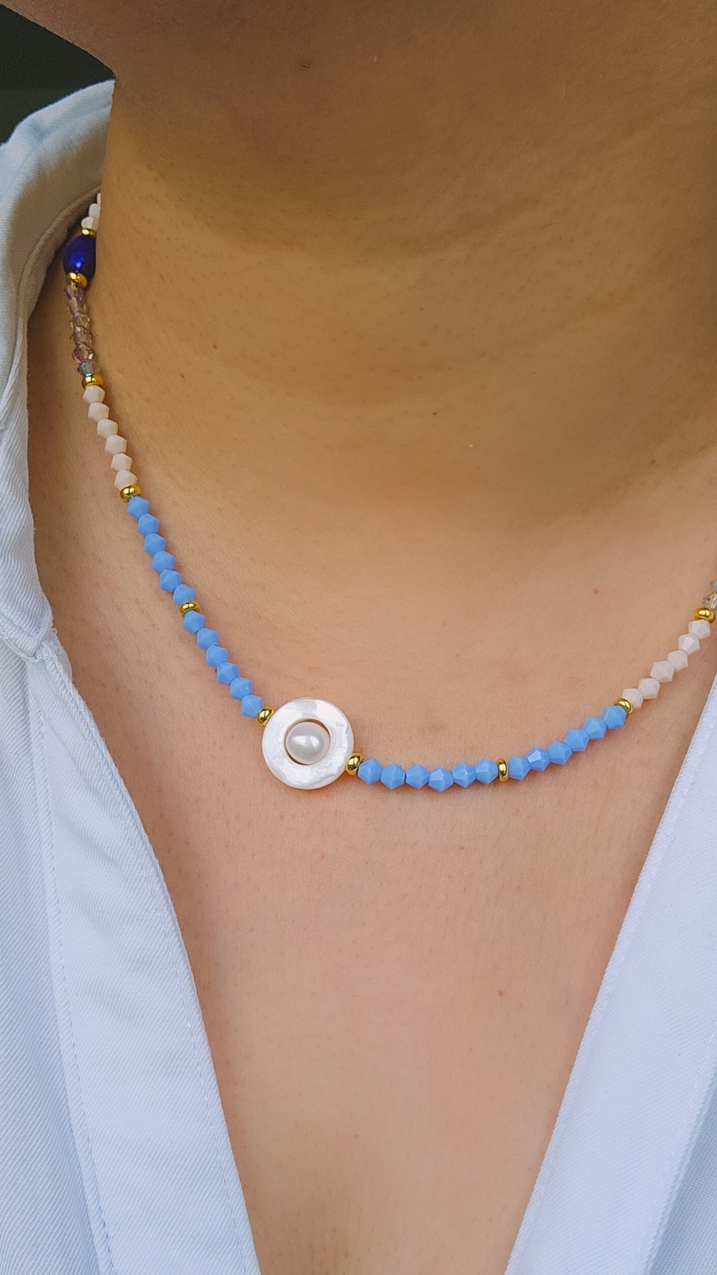 Fidget Freshwater Pearl Coastal Hues Necklace, Bring Me to the Beach, Glass, Freshwater Pearl, Seashell
