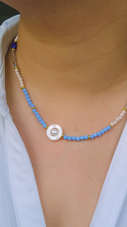 Fidget Freshwater Pearl Coastal Hues Necklace, Bring Me to the Beach, Glass, Freshwater Pearl, Seashell